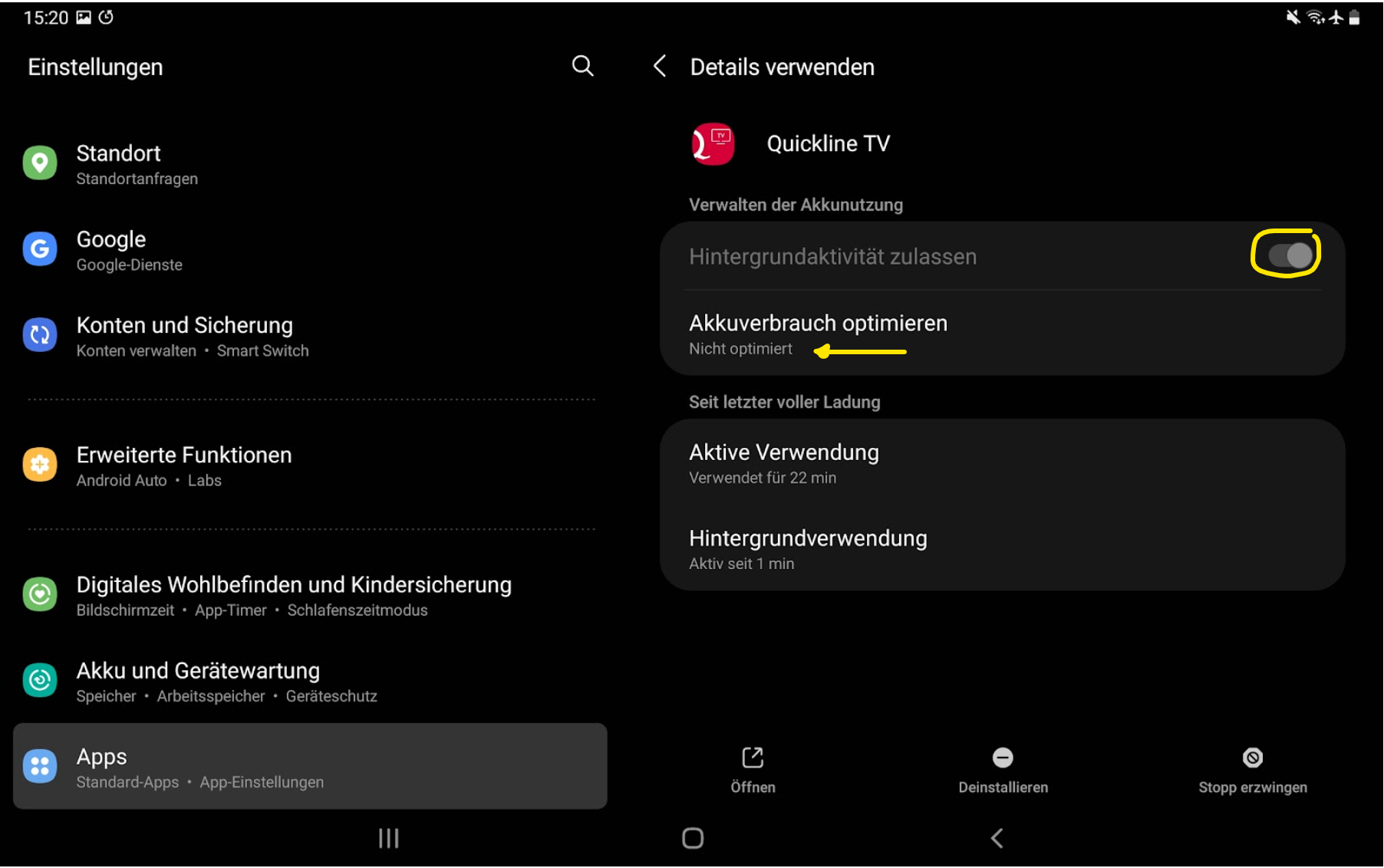 Energieeinstellungen Quickline TV auf Smartphone